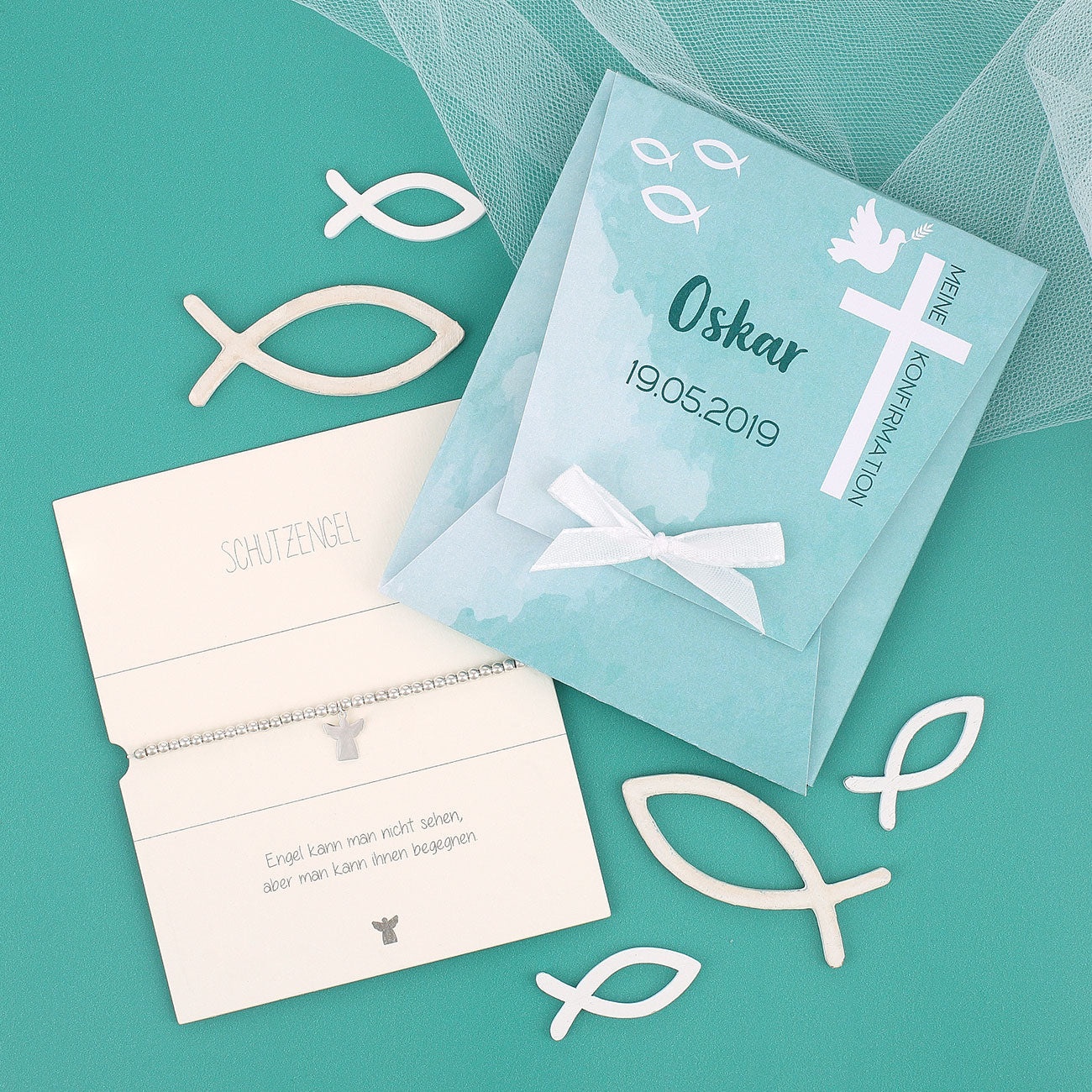 Schutzengel Armband zur Konfirmation in personalisierter Geschenkverpackung in Türkis