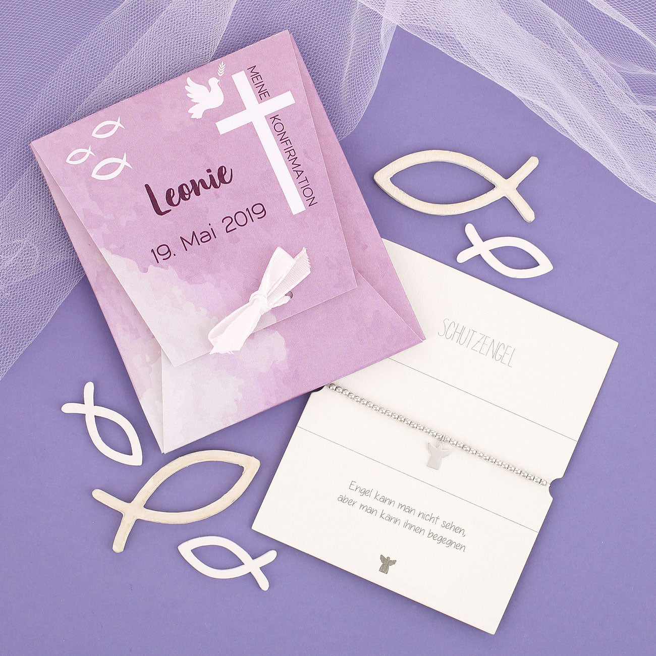 Schutzengel Armband zur Konfirmation in personalisierter Geschenkverpackung in Lila