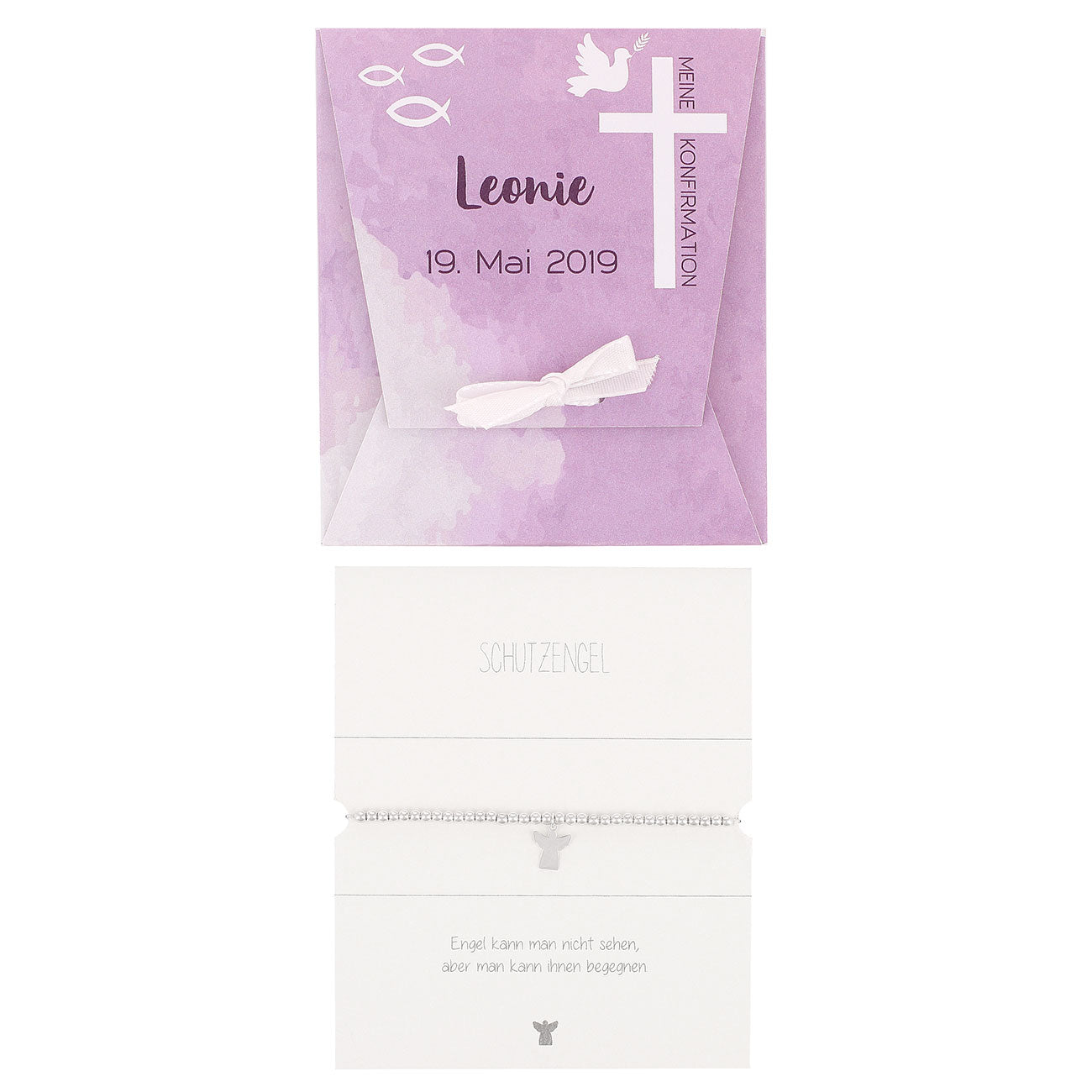 Schutzengel Armband zur Konfirmation in personalisierter Geschenkverpackung in Lila freigestellt