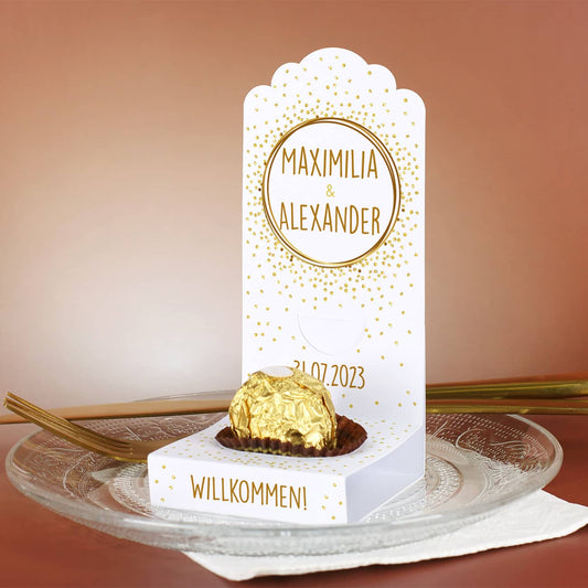 DIY-Faltaufsteller zur Hochzeit mit Ihren Wunschangaben und goldenen Konfetti-Motiv gestaltet