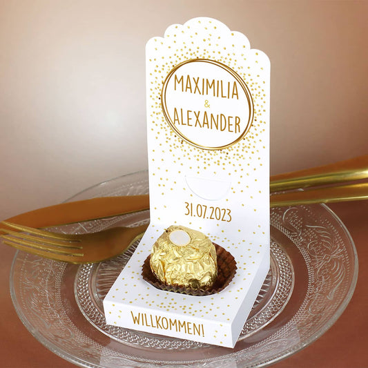 Persönlicher Papieraufsteller als kleine Verpackung für Ihre Gastgeschenke zur Hochzeit