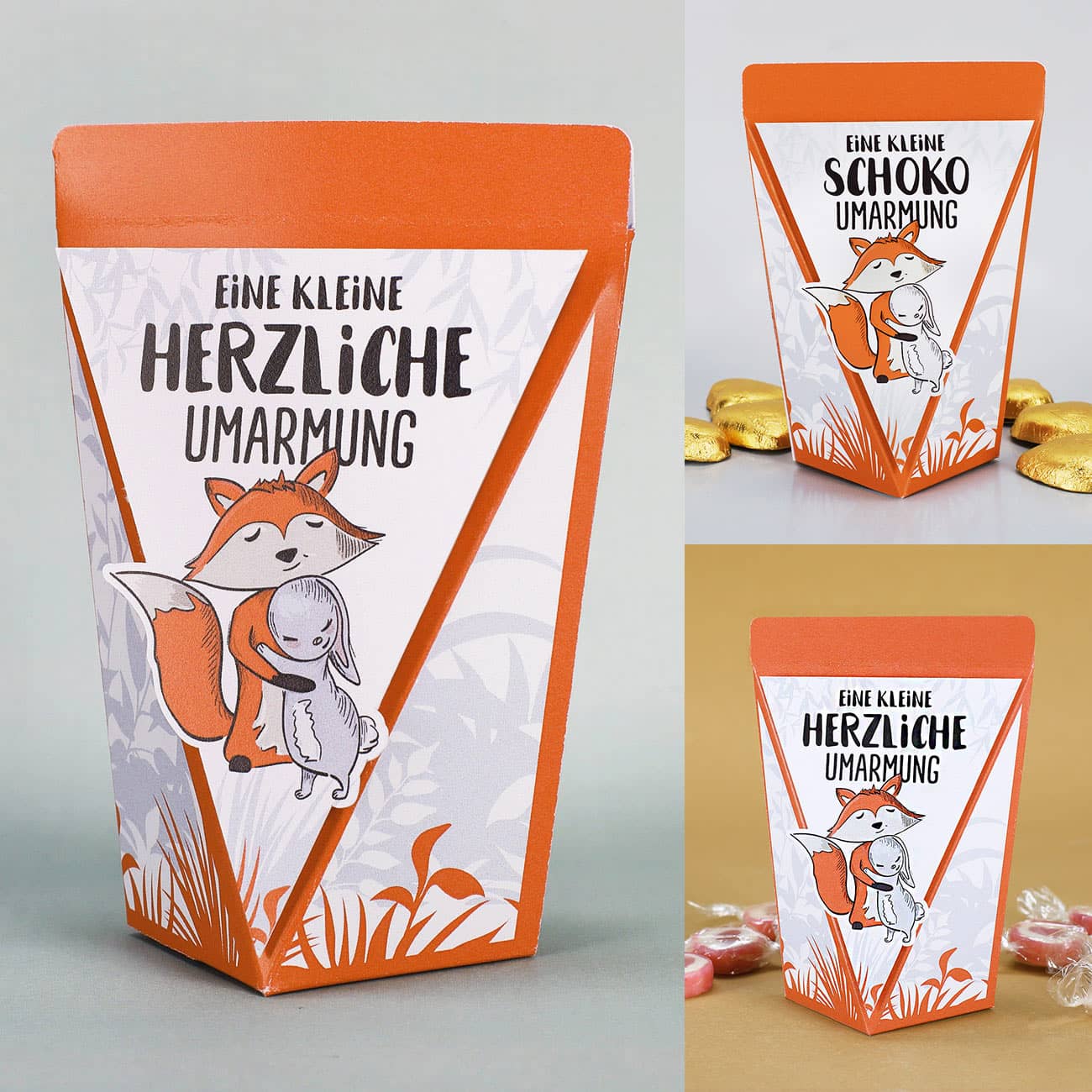 Geschenktüte mit niedlichem Aufdruck mit Schokolade, Bonbons oder unbefüllt