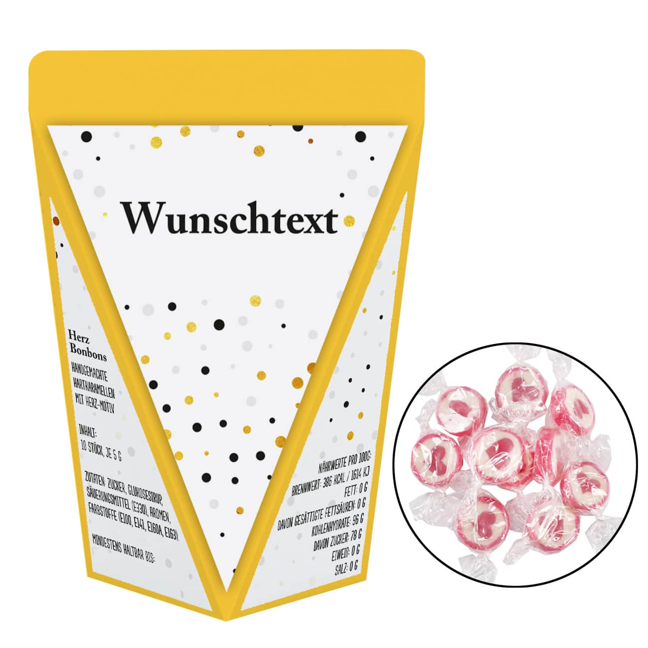 Wunschtext auf Geschenktüte mit Herz Bonbons