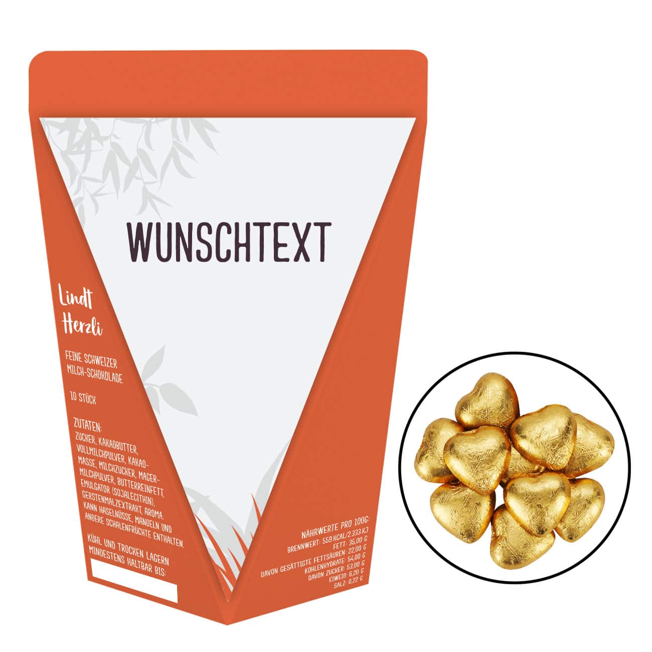 Wunschtext auf mit Schokoherzen gefüllter Geschenktüte