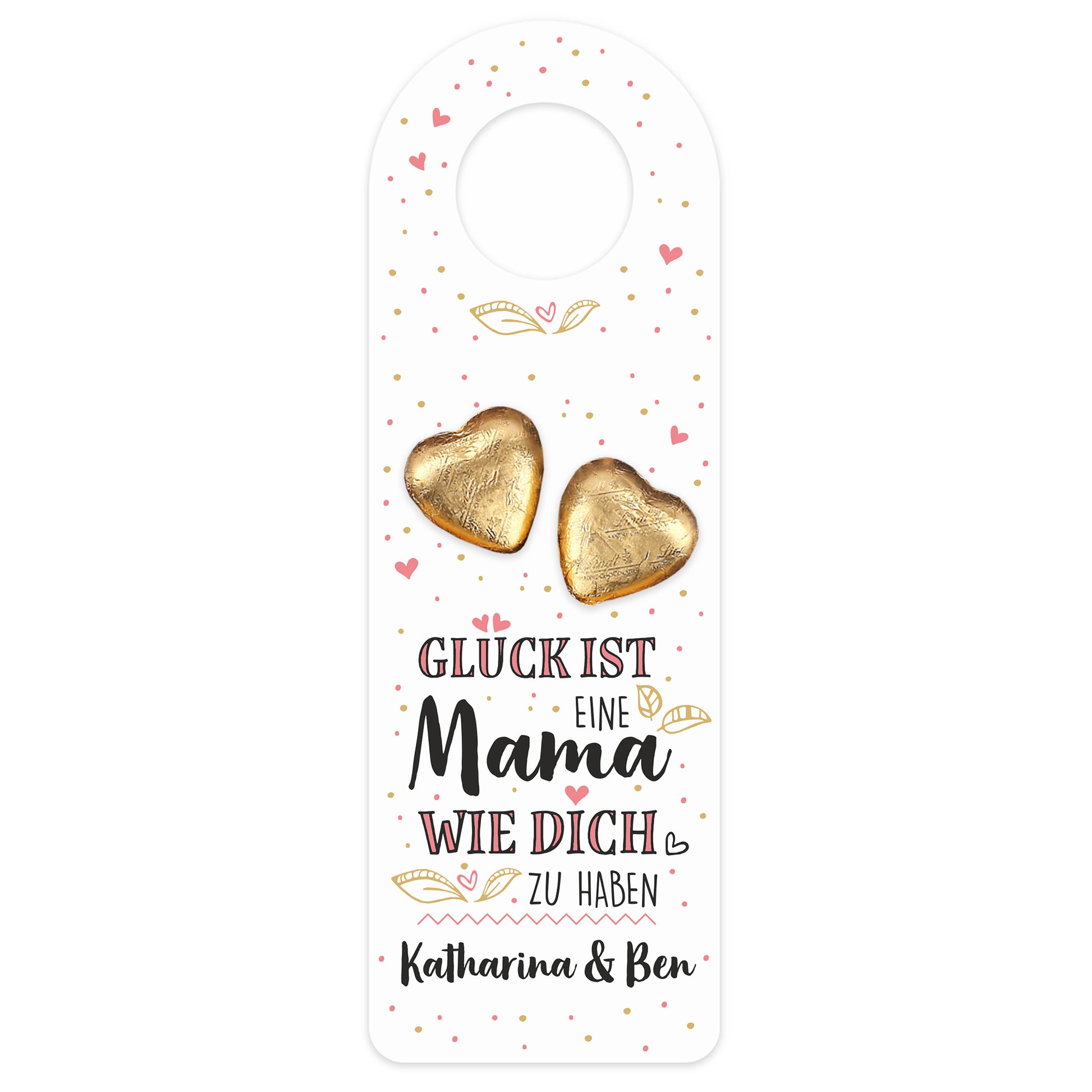 Produktabbildung des großen Flaschenanhängers mit Schokoherzen und Wunschtext „Katharina & Ben“