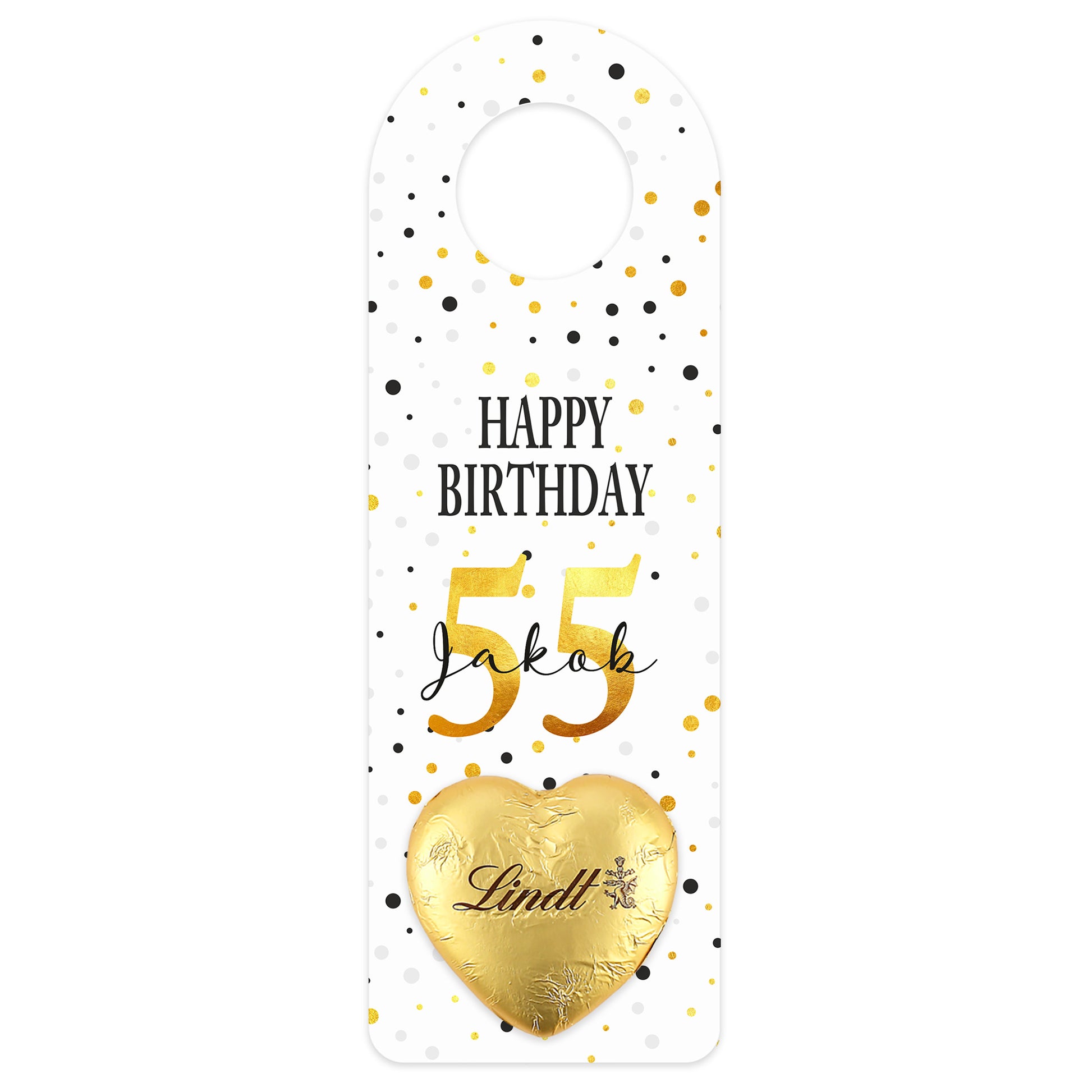 Großer Flaschenanhänger mit „Happy Birthday“-Schriftzug und Konfetti-Design, freigestellt auf weißem Hintergrund.
