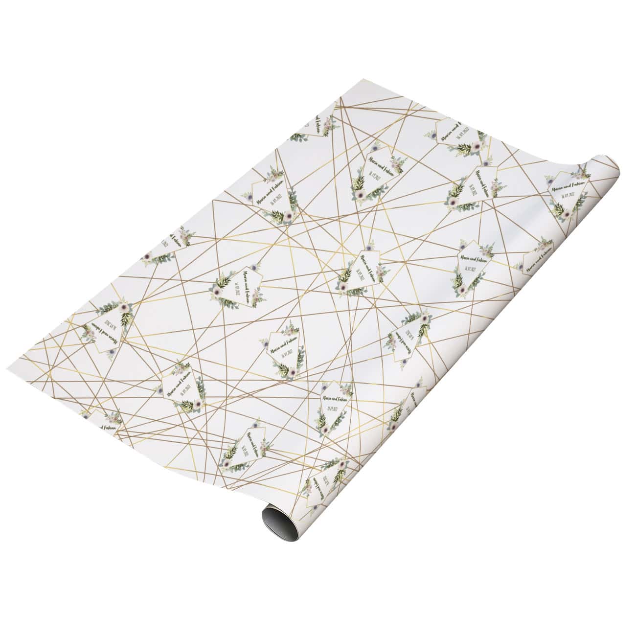 einseitig bedrucktes Geschenkpapier mit Wunschnamen und Datum zur Hochzeit, Hochzeitstag oder Jahrestag
