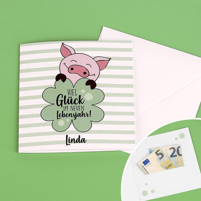 Geburtstagskarte für Geld oder Gutscheine mit Name und Wunschtext