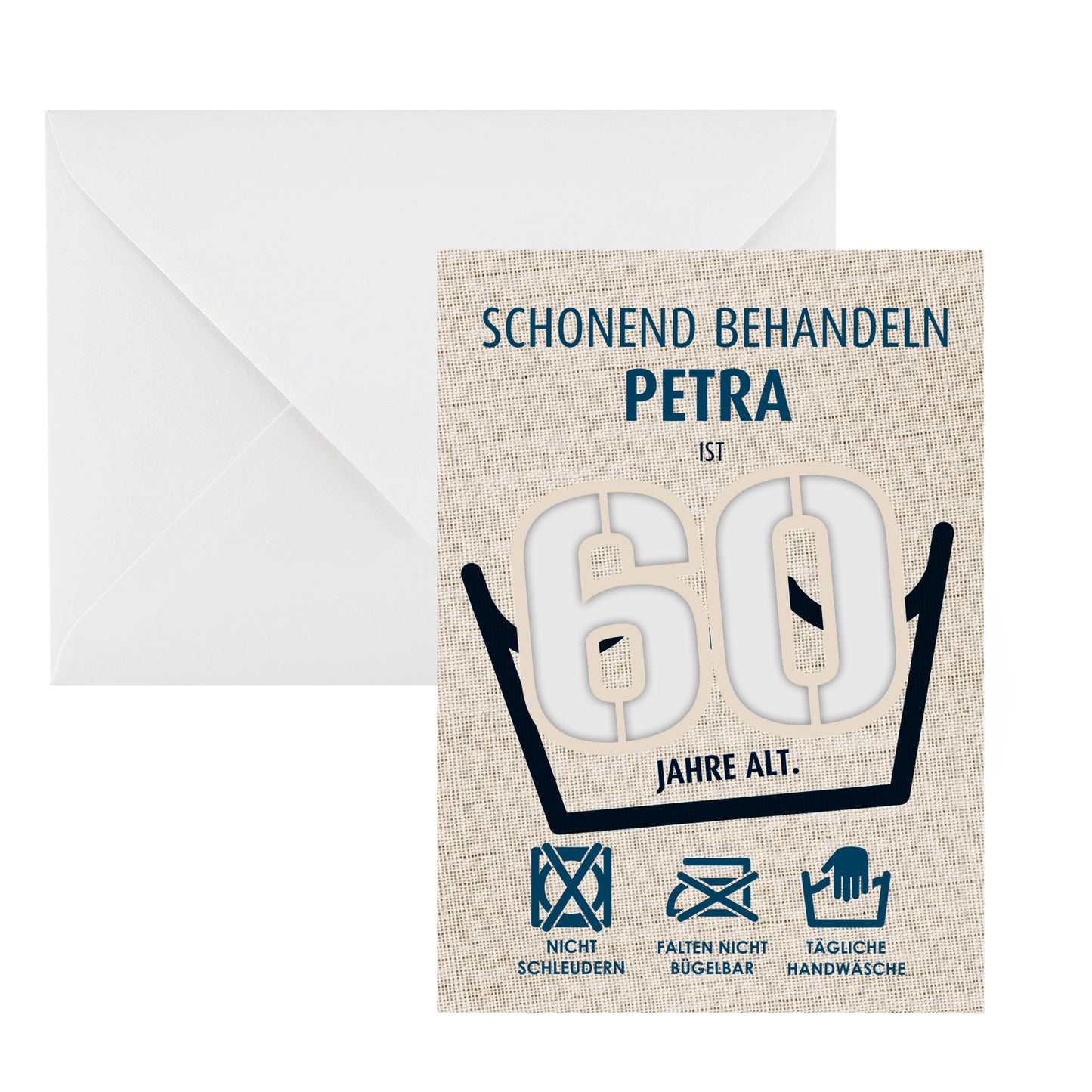 Grußkarte zum 60. Geburtstag mit Aufschrift für Petra, Zahl 60 ohne Geldscheine, Umschlag im Hintergrund