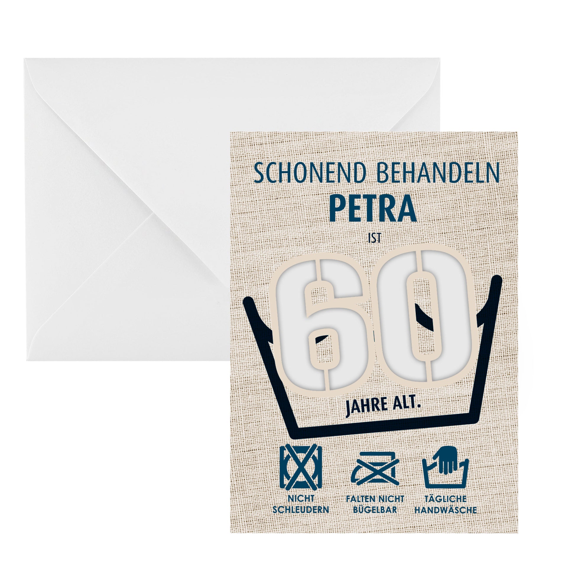 Grußkarte zum 60. Geburtstag mit Aufschrift für Petra, Zahl 60 ohne Geldscheine, Umschlag im Hintergrund
