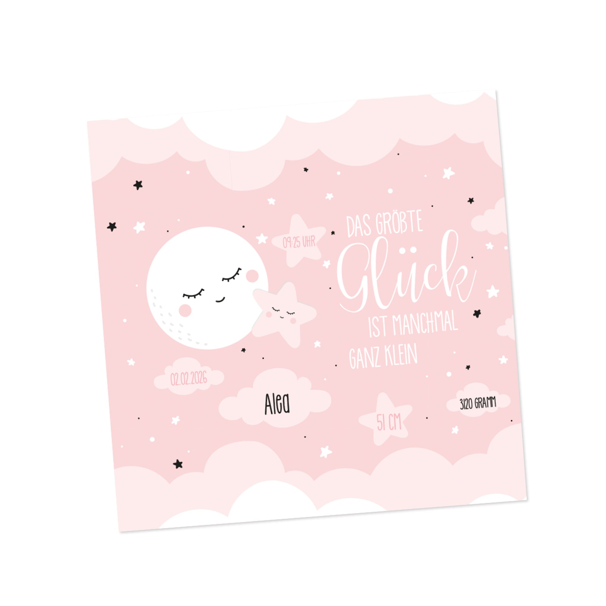 Vorderseite der personalisierten Geburtskarte für Mädchen mit Mond-&-Sterne-Design sowie Feldern für Datum, Uhrzeit, Größe und Gewicht