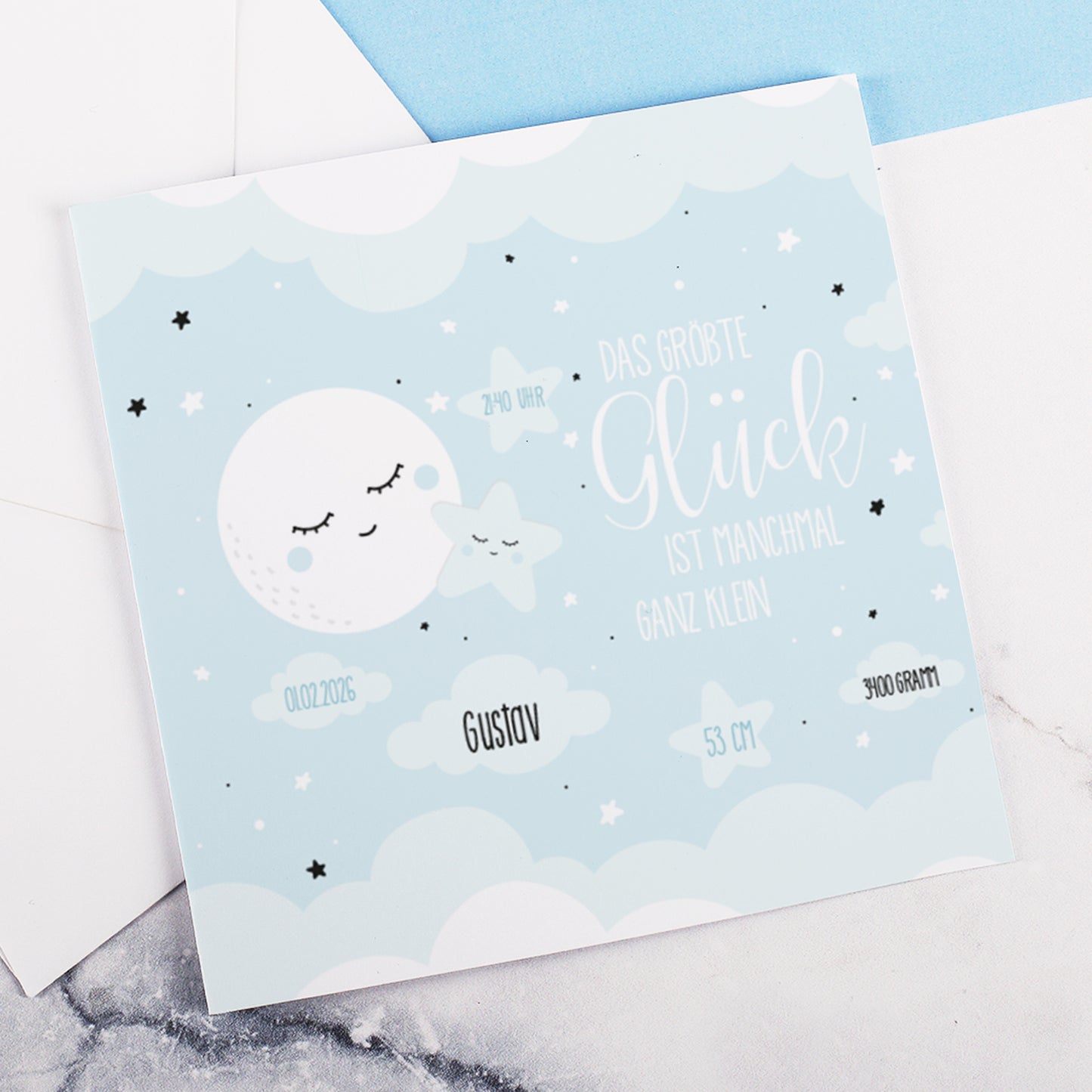 Personalisierte Klappkarte zur Geburt für Jungen – Mond & Sterne | Glückwunschkarte & Geldgeschenk