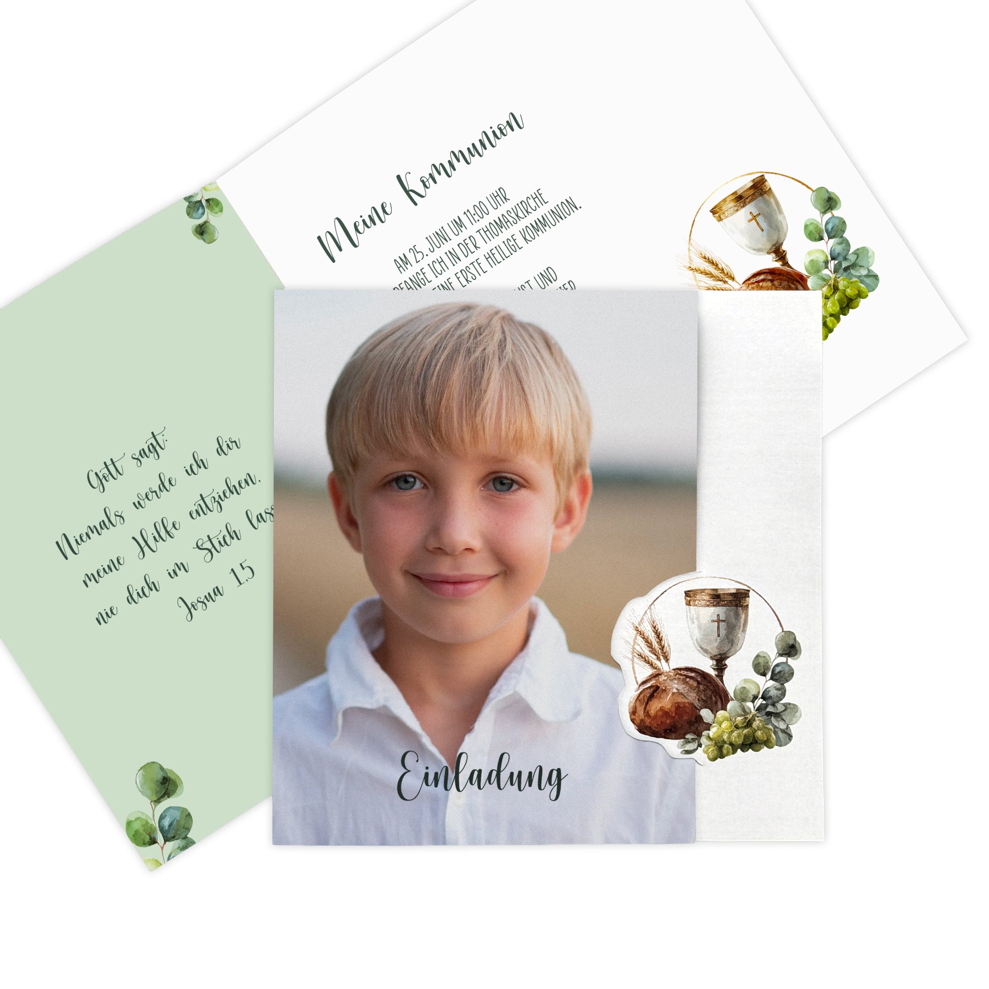 Klappkarte Einladung zur Kommunion mit Foto auf der Vorderseite, Motiv-Verschluss mit Kelch, Brot, Trauben und Eukalyptus