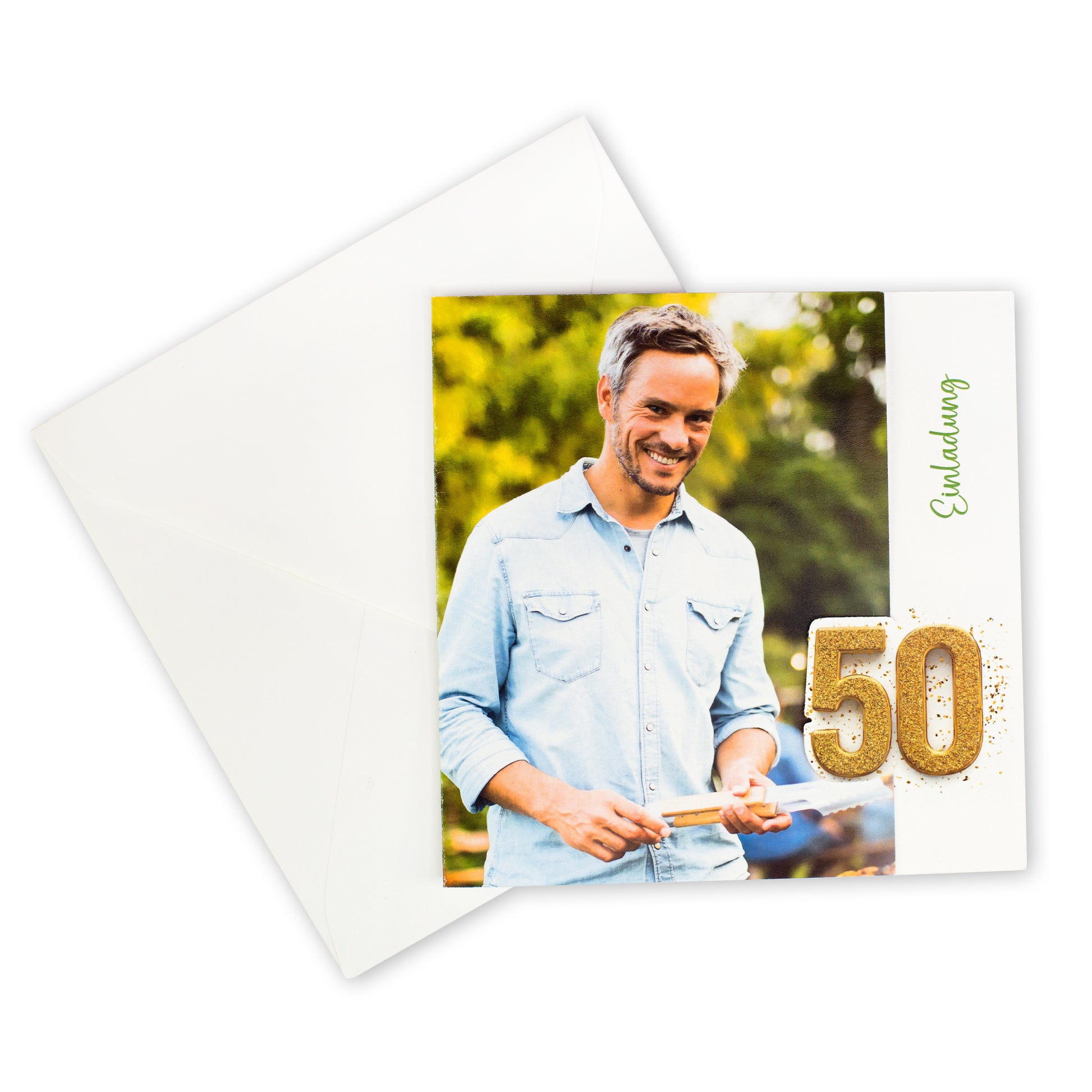 Einladungskarte zum 50. Geburtstag mit Umschlag in der Übersicht