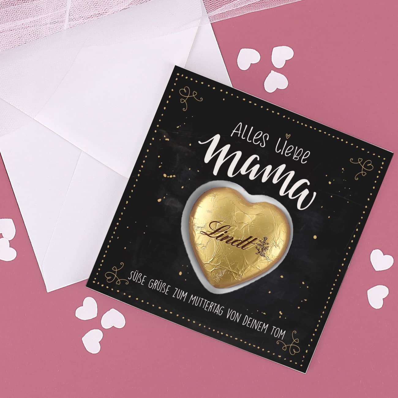 Alles Liebe Mama- Klappkarte mit Lindt Schokoherz und Wunschtext