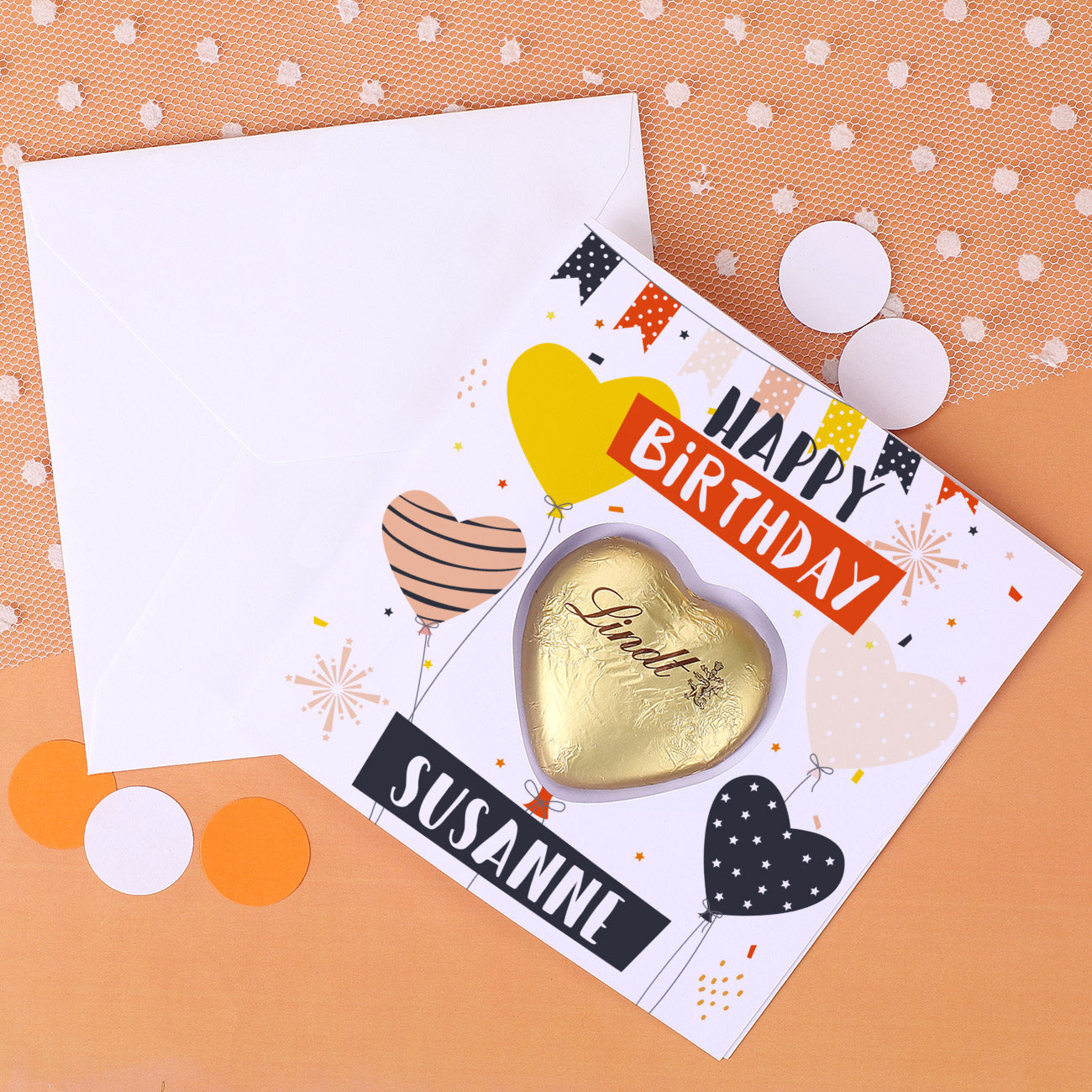 Happy Birthday - Geburtstagskarte mit Lindt-Schokoladenherz und Ihrem Wunschnamen