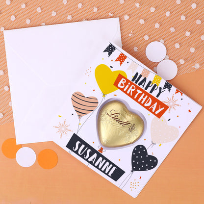 Happy Birthday - Geburtstagskarte mit Lindt-Schokoladenherz und Ihrem Wunschnamen