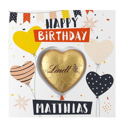 Happy Birthday - Geburtstagskarte mit Lindt-Schokoladenherz und Ihrem Wunschnamen
