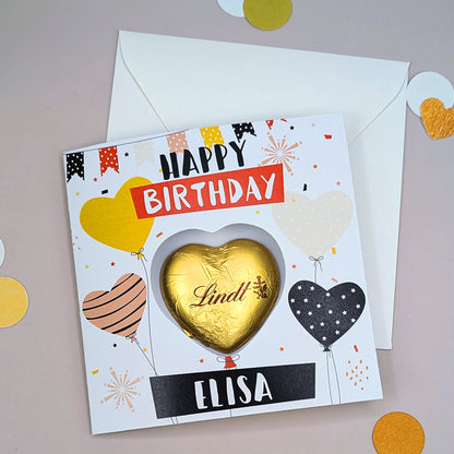 Personalisierte Glückwunschkarte zum Geburtstag mit Lindt-Schokoherz & Wunschname