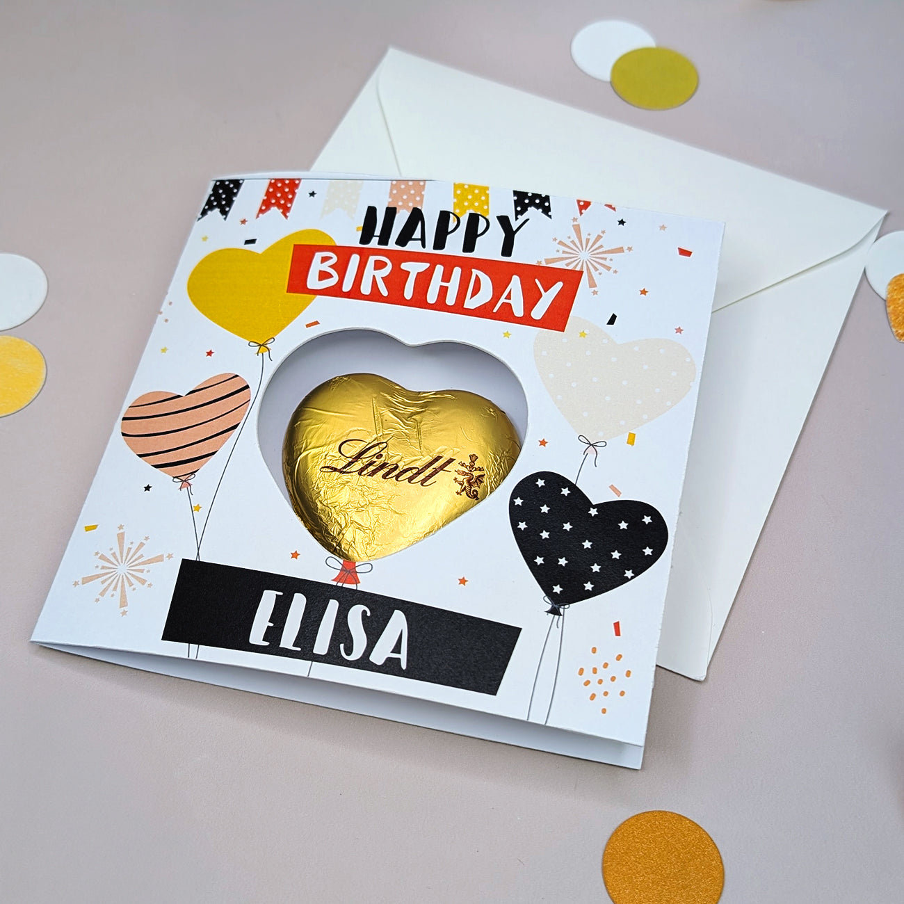 ausgefallene Glückwunschkarte zum Geburtstag mit Lindt-Schokoherz & Wunschnamen personalisierbar