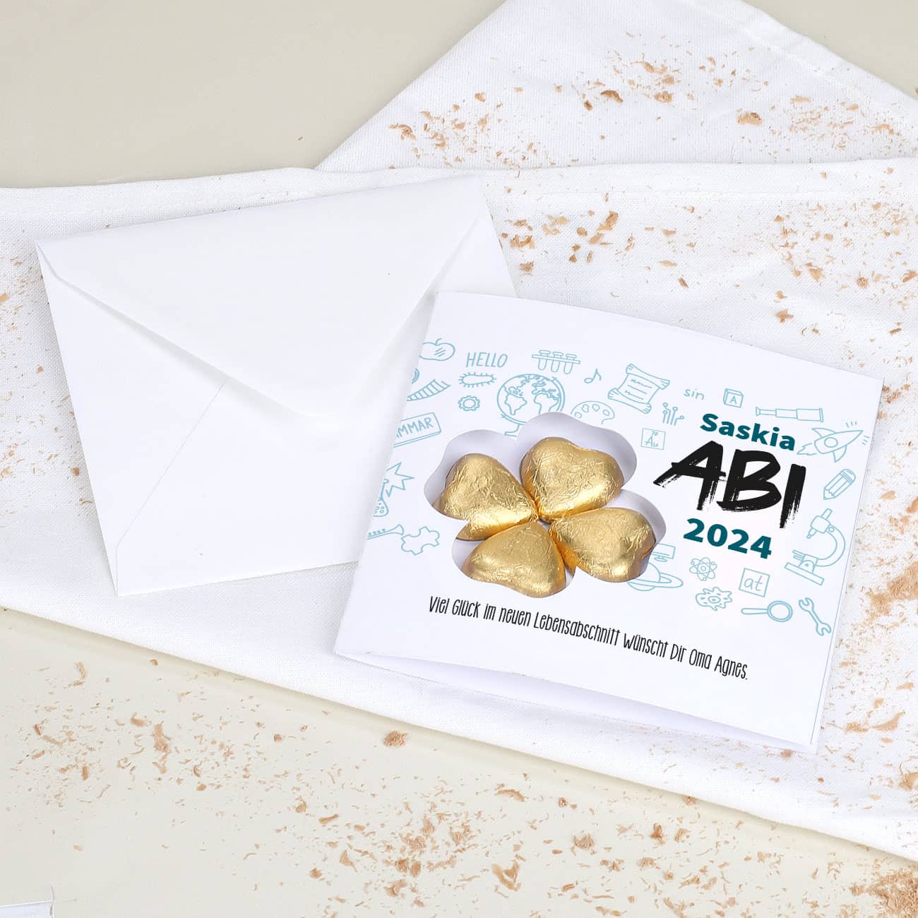 Abitur Glückwunschkarte mit Name, Wunschtext & Schokoladen-Kleeblatt