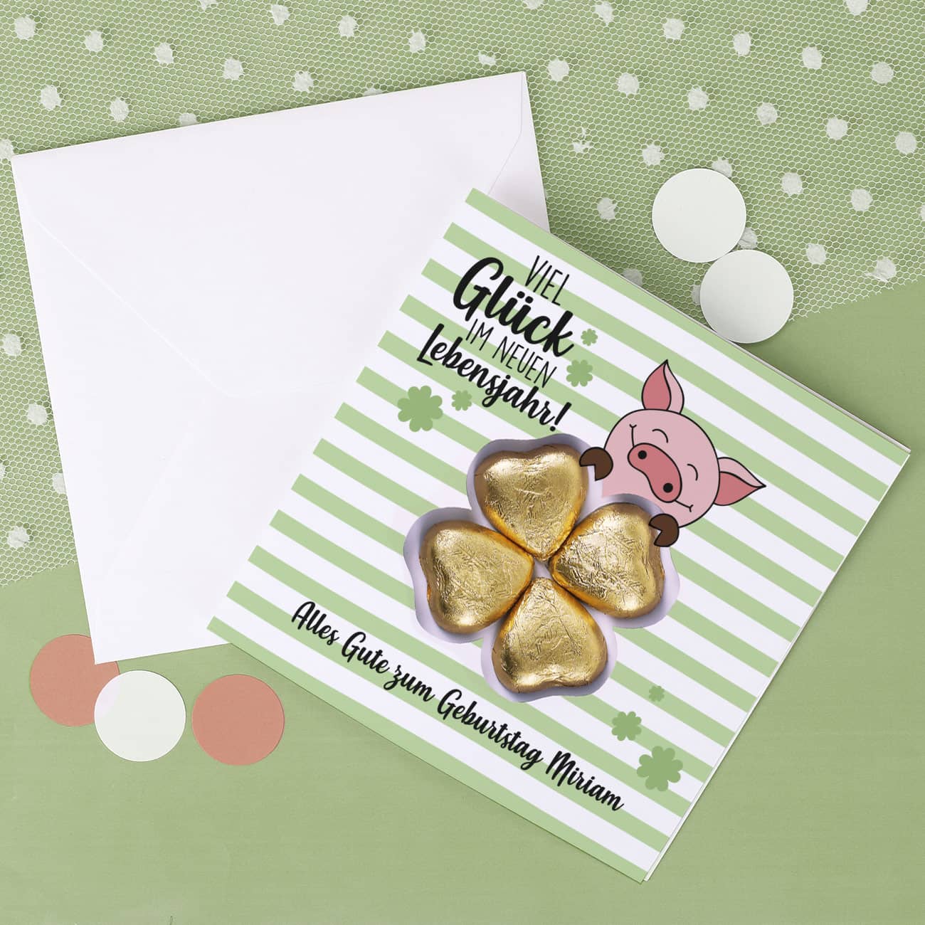 Viel Glück - Klappkarte mit Schoko-Kleeblatt und Ihrem Wunschnamen