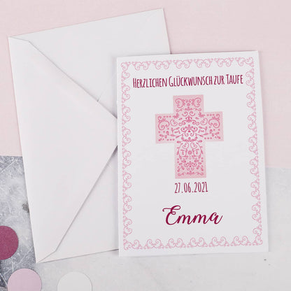 Klappkarte für Mädchen mit rosafarbenem Kreuz und schönen Ornamenten