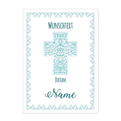 Individuell gestaltbare Karte mit blauem Kreuz und Ornamenten