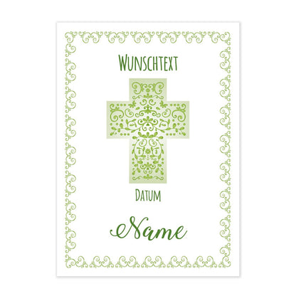 Klappkarte mit grünen Kreuz und feinen Ornamenten sowie Ihren Wunschangaben