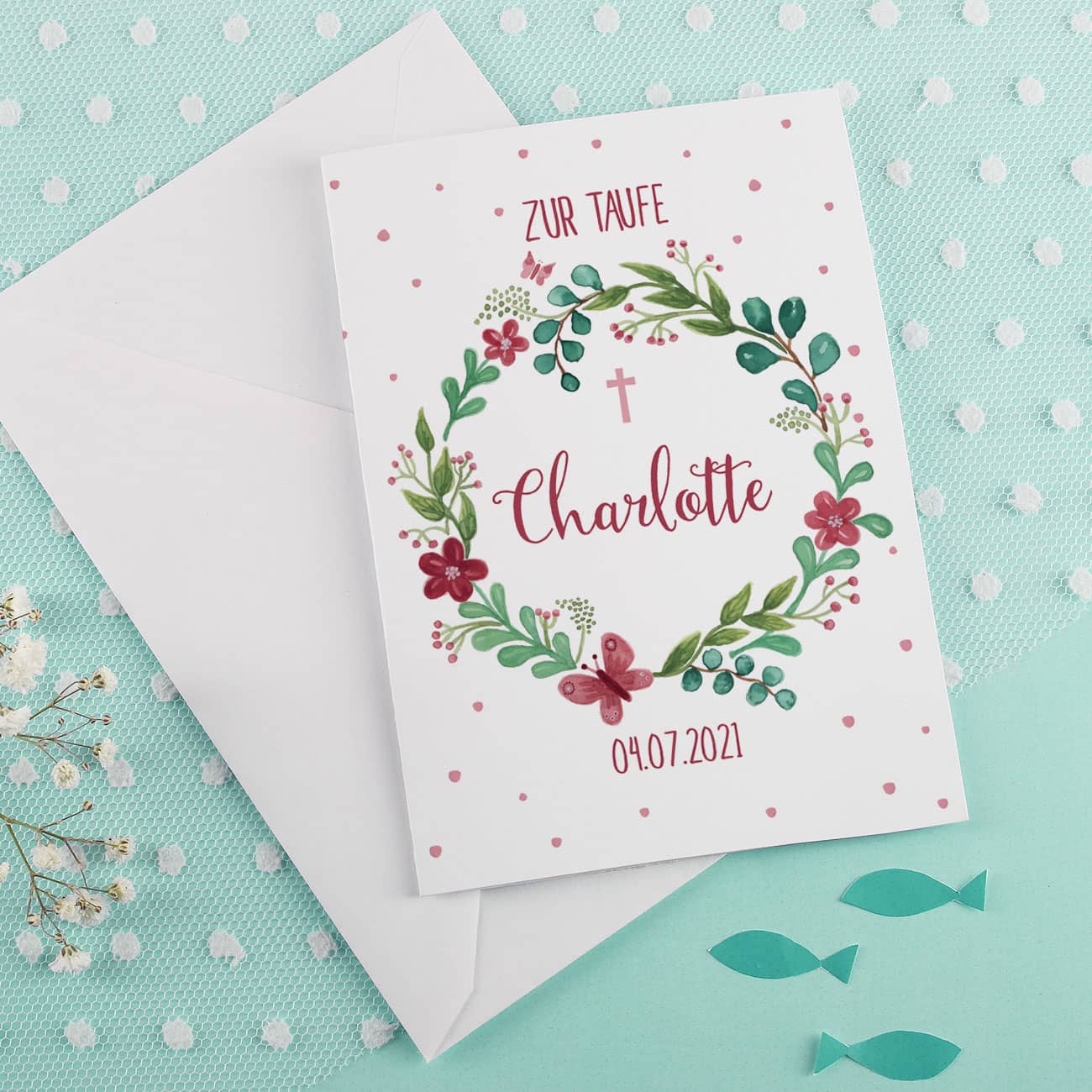 Klappkarte zur Taufe mit Blumenkranz und Ihren Wunschangaben gestaltet