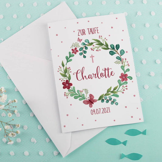Klappkarte zur Taufe mit Blumenkranz und Ihren Wunschangaben gestaltet