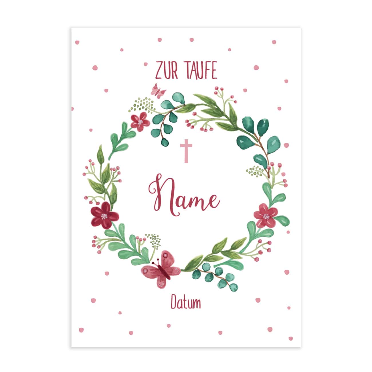 Klappkarte zur Taufe mit Blumenkranz, Wunschname und Datum