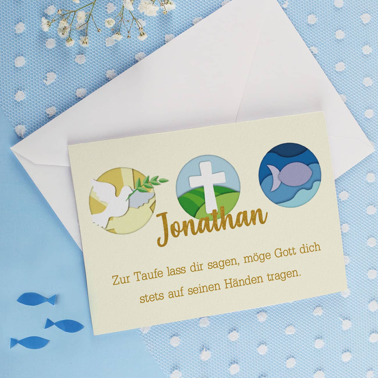 Klappkarte mit Papercut-Optik, Ihrem Wunschnamen und einem Text Ihrer Wahl bedruckt