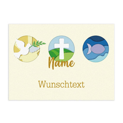 Klappkarte im Querformat mit Ihren Wunschangaben und christlichen Symbolen bedruckt