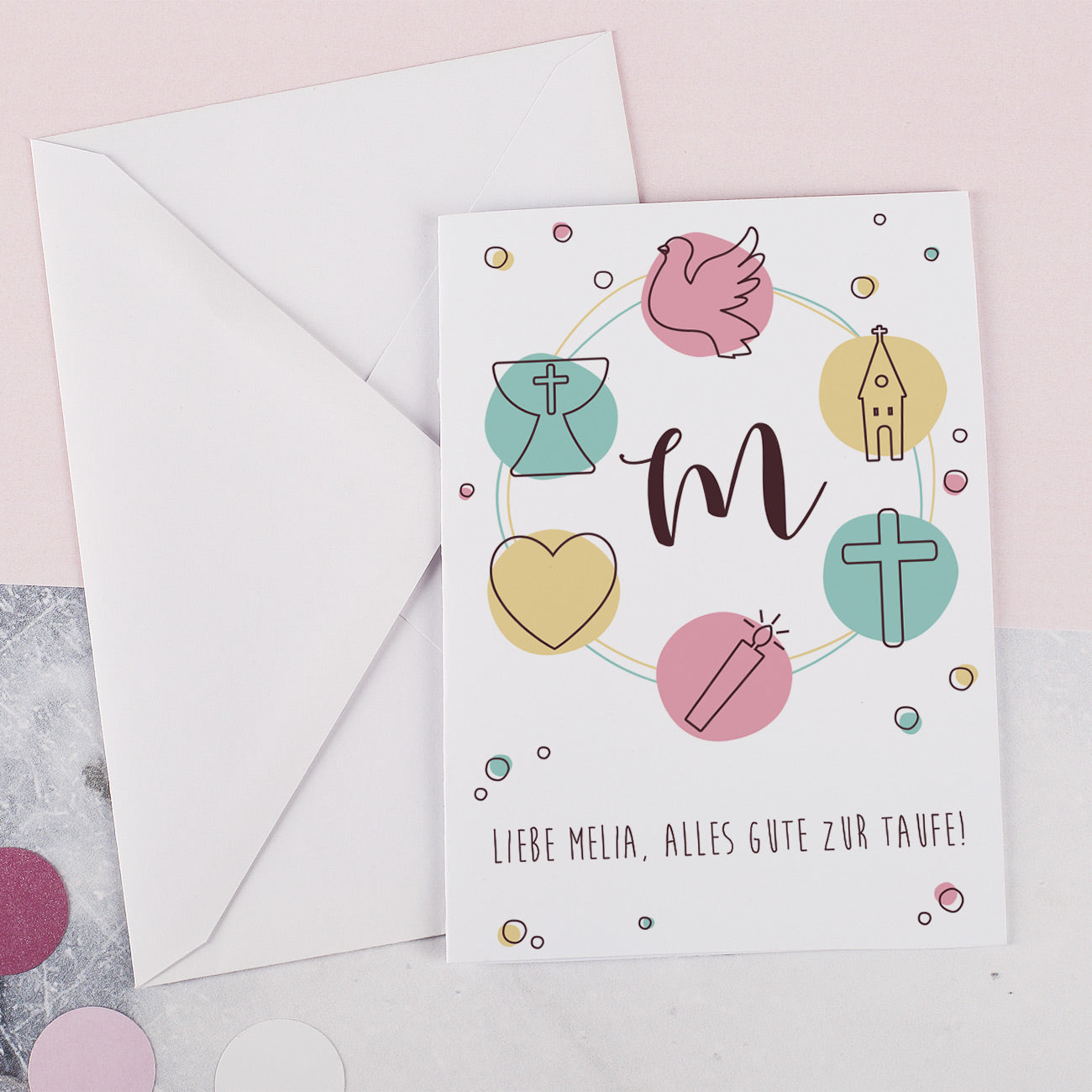 Karte für verschiedene kirchliche Anlässe mit bunten Symbolen, Initiale und Wunschtext