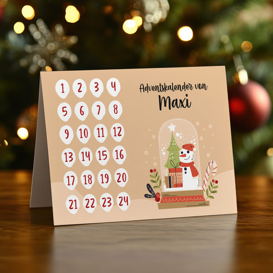 Personalisierter Adventskalender to go als DIY-Klappkarte mit Schneemann-Motiv und Name „Maxi“