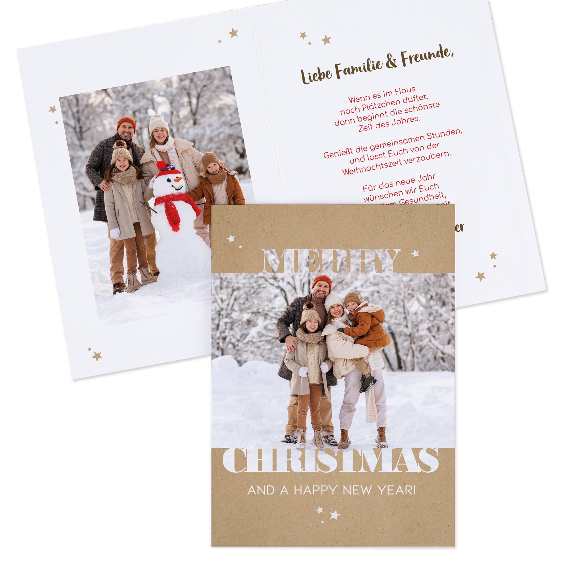 Offene Klappkarte mit individuellem Foto und Text innen, festliches Weihnachtsmotiv außen