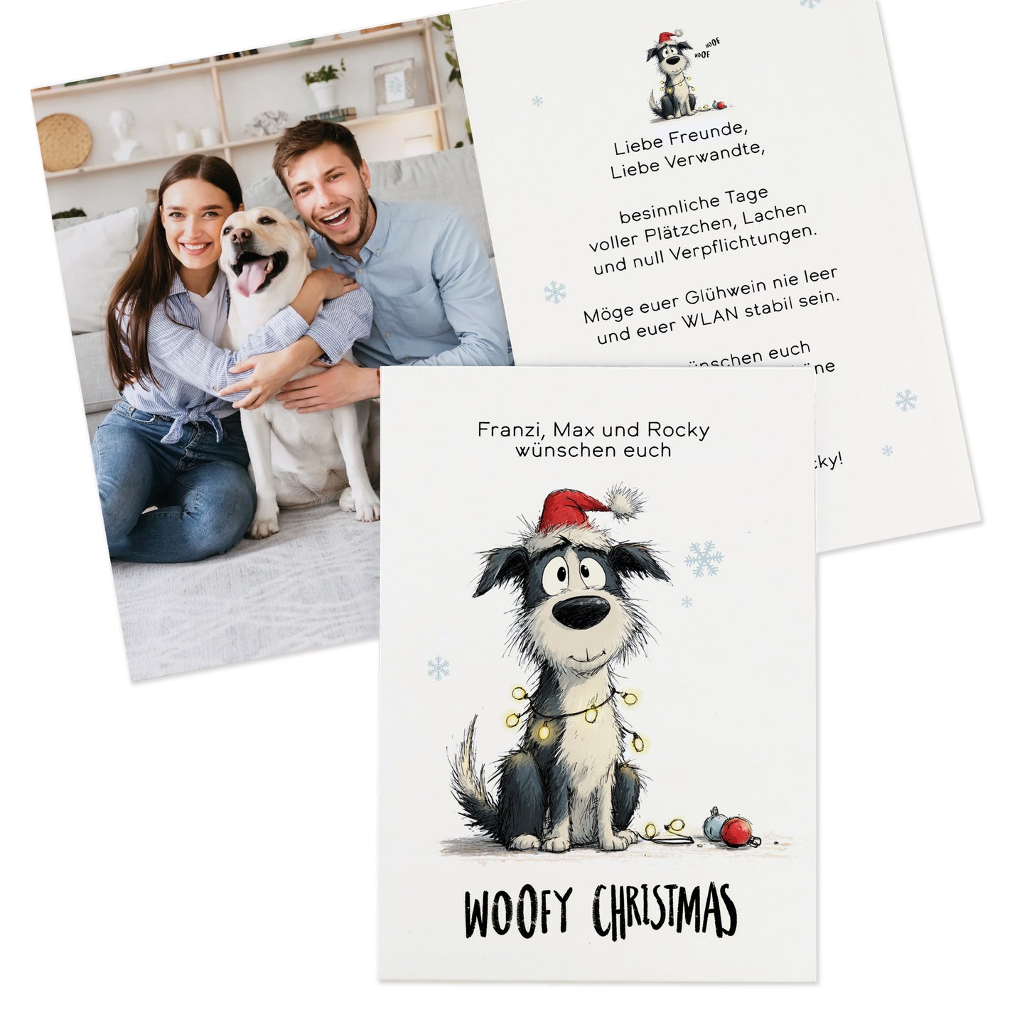 Personalisierbare Klappkarte zu Weihnachten mit Foto auf der Innenseite und Hundemotiv.