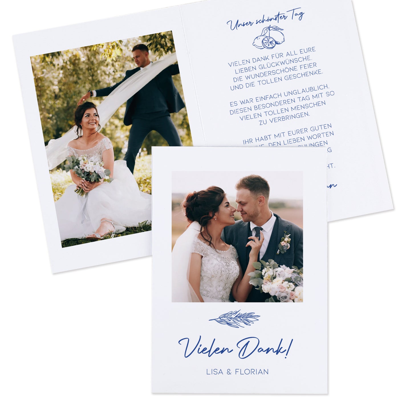 Personalisierte Hochzeits-Dankeskarte mit Foto auf der Vorderseite, Schriftzug „Vielen Dank“ und Namen des Brautpaares, mediterraner Stil