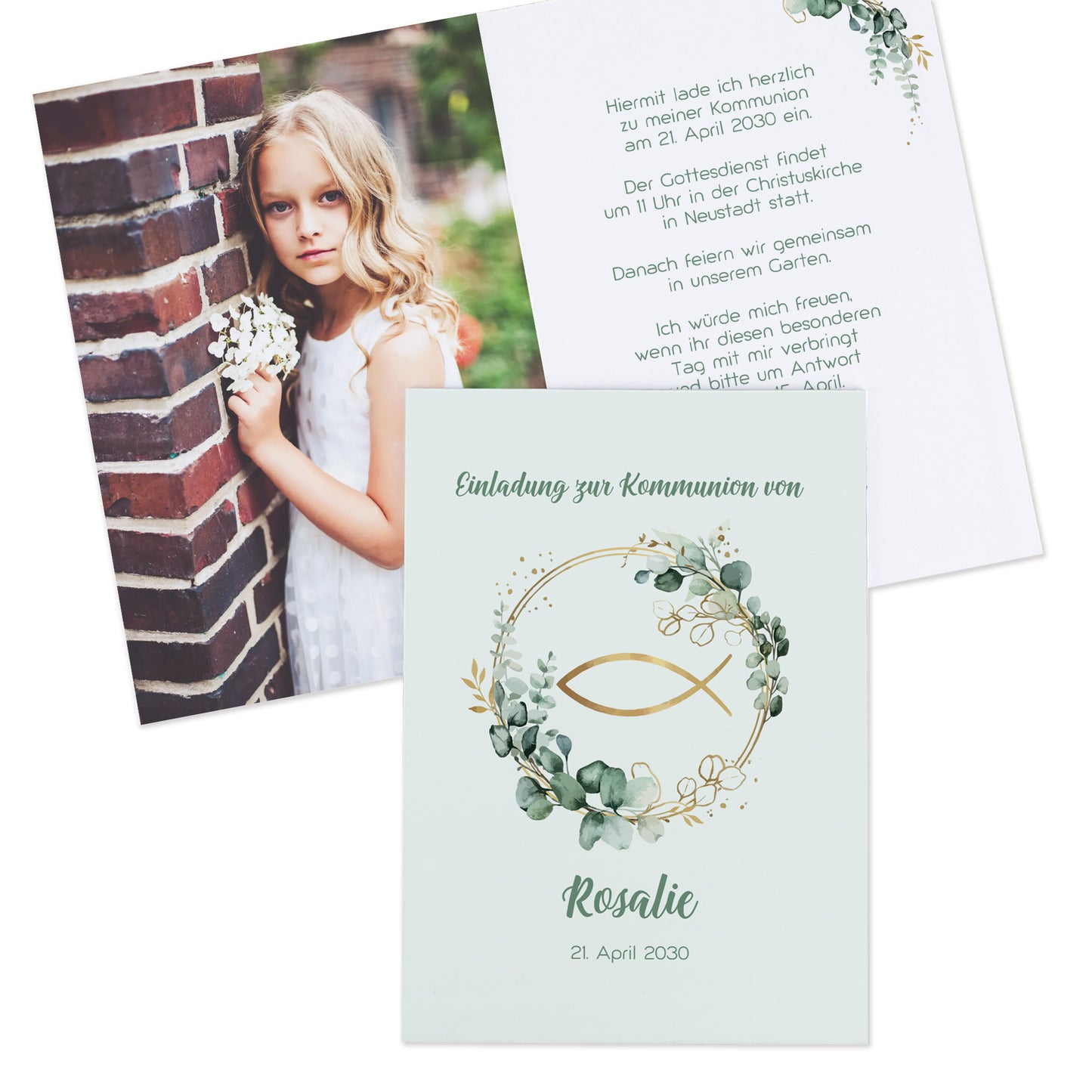 Kommunion Einladungskarte personalisiert mit Name und Datum, Ichthys Fischsymbol im Eukalyptuskranz auf weißem Karton