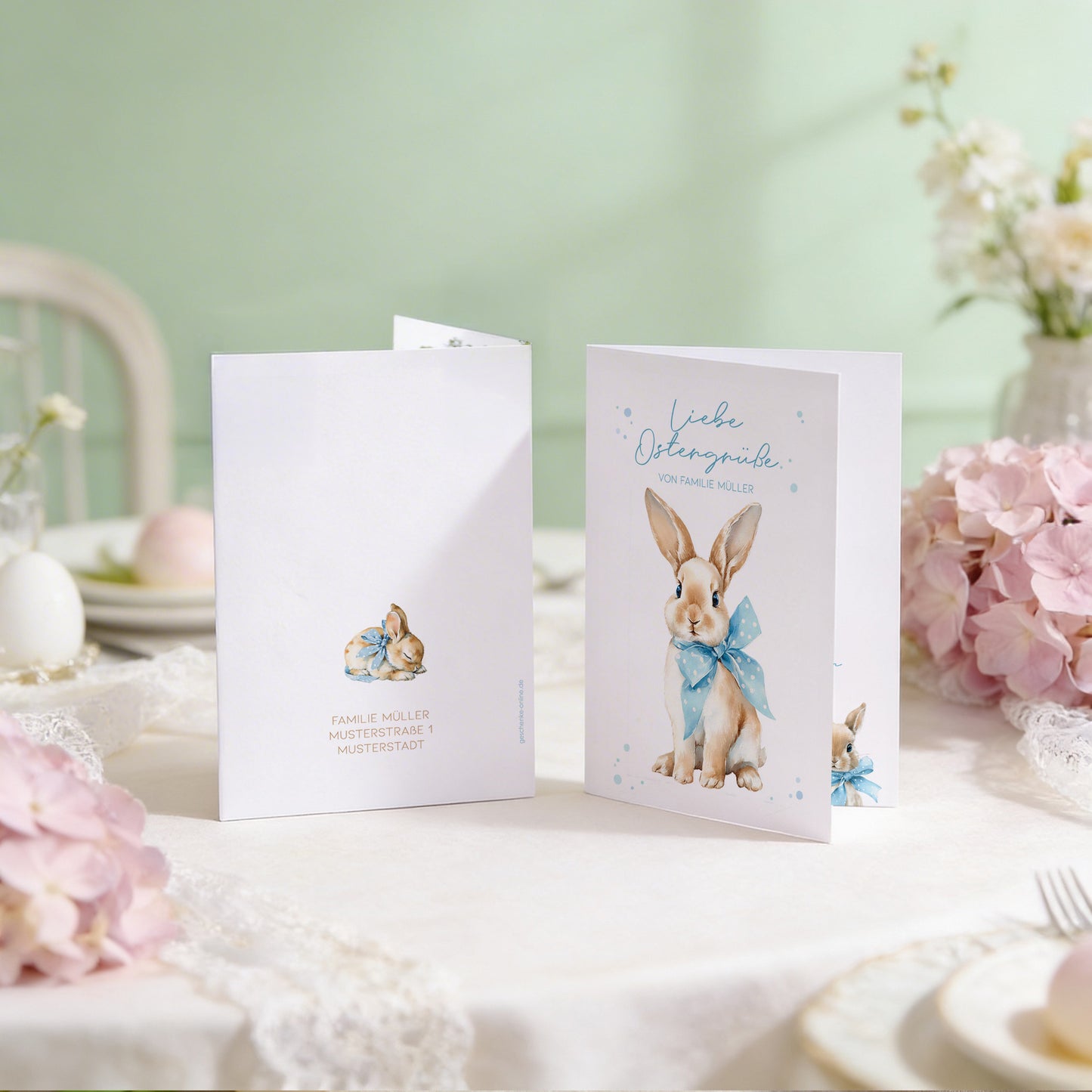 Aufgestellte Oster Klappkarte mit niedlichem Hasenmotiv und personalisiertem Text auf einem festlich gedeckten Tisch