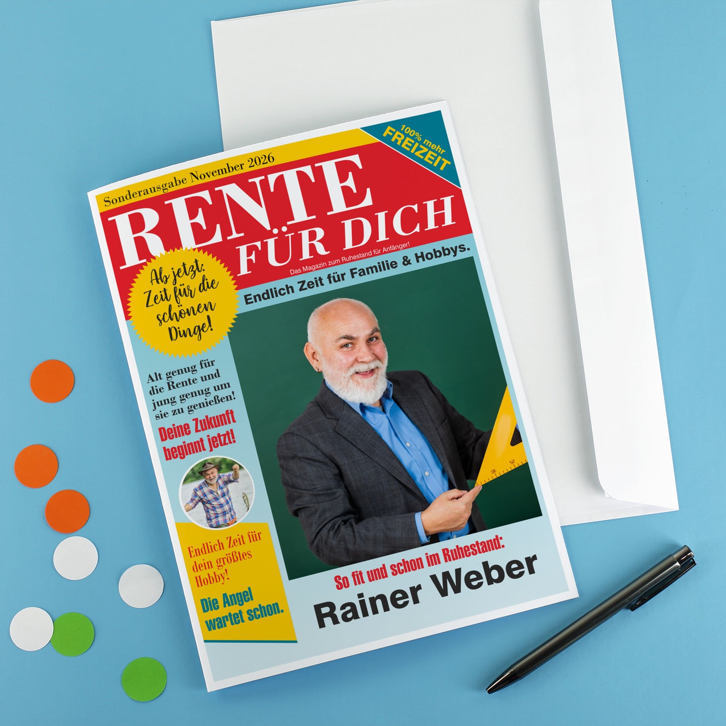 Große Klappkarte A4 zur Rente im Boulevard-Zeitungsdesign mit Foto & Wunschtext