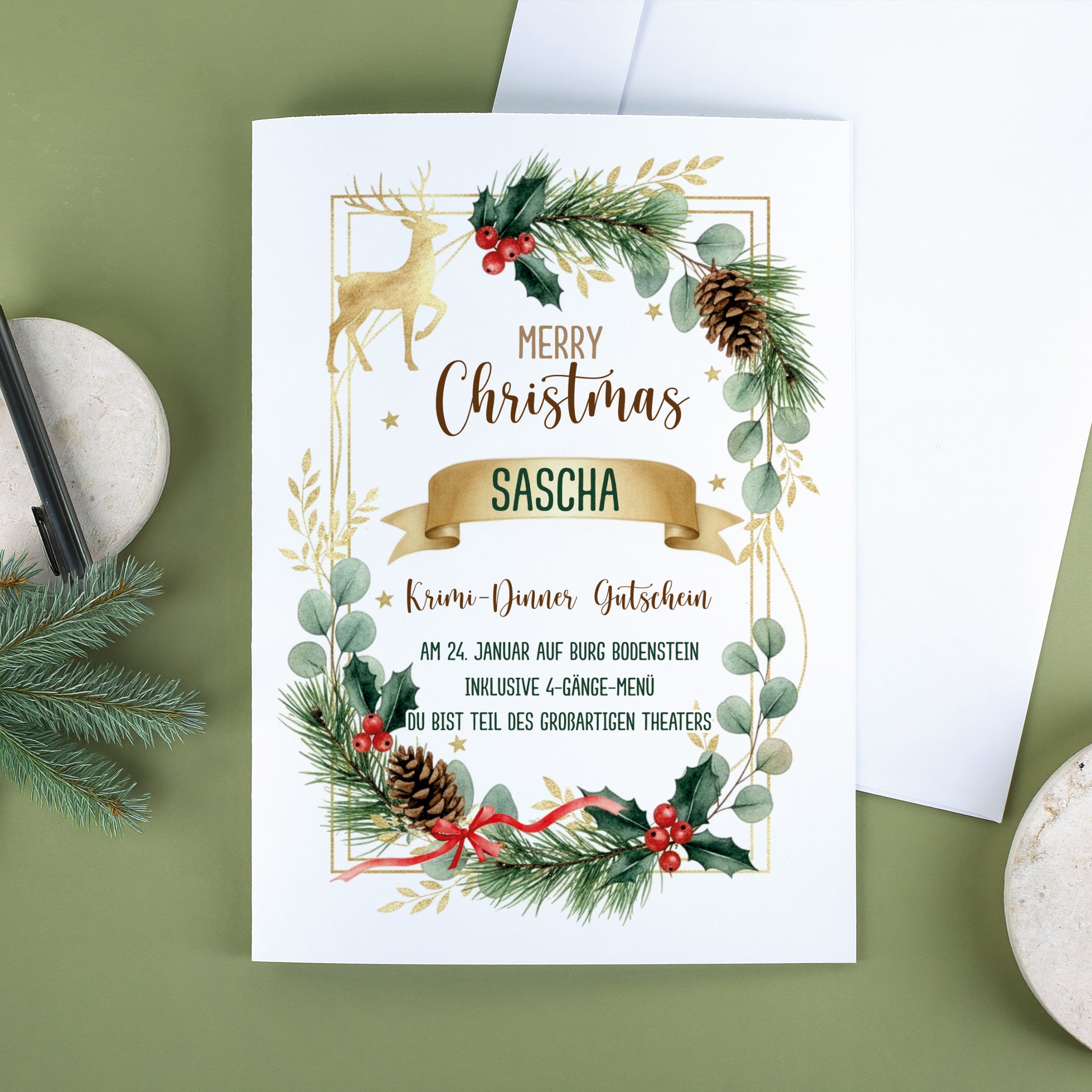 A4-Weihnachtskarte mit Goldbanner und Name personalisiert, Beispieltext für Gutschein