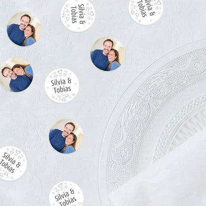 Fotokonfetti zur Silbernen Hochzeit mit Herzen und Foto auf der Rückseite