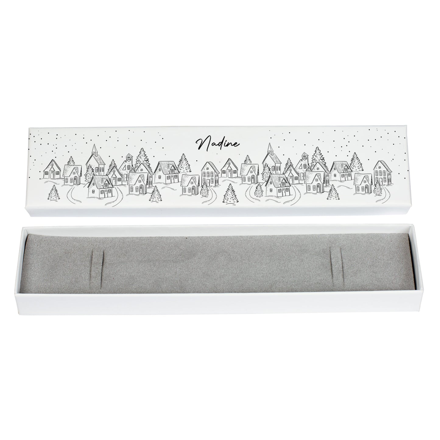 Detailansicht Schmuckverpackung Winterdesign personalisiert auf weißem Hintergrund