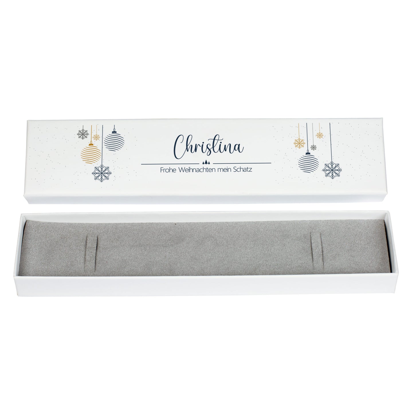 Weihnachtliche Armband-Geschenkbox mit Name und Wunschtext, dekoriert mit Schneeflocken und Kugeln