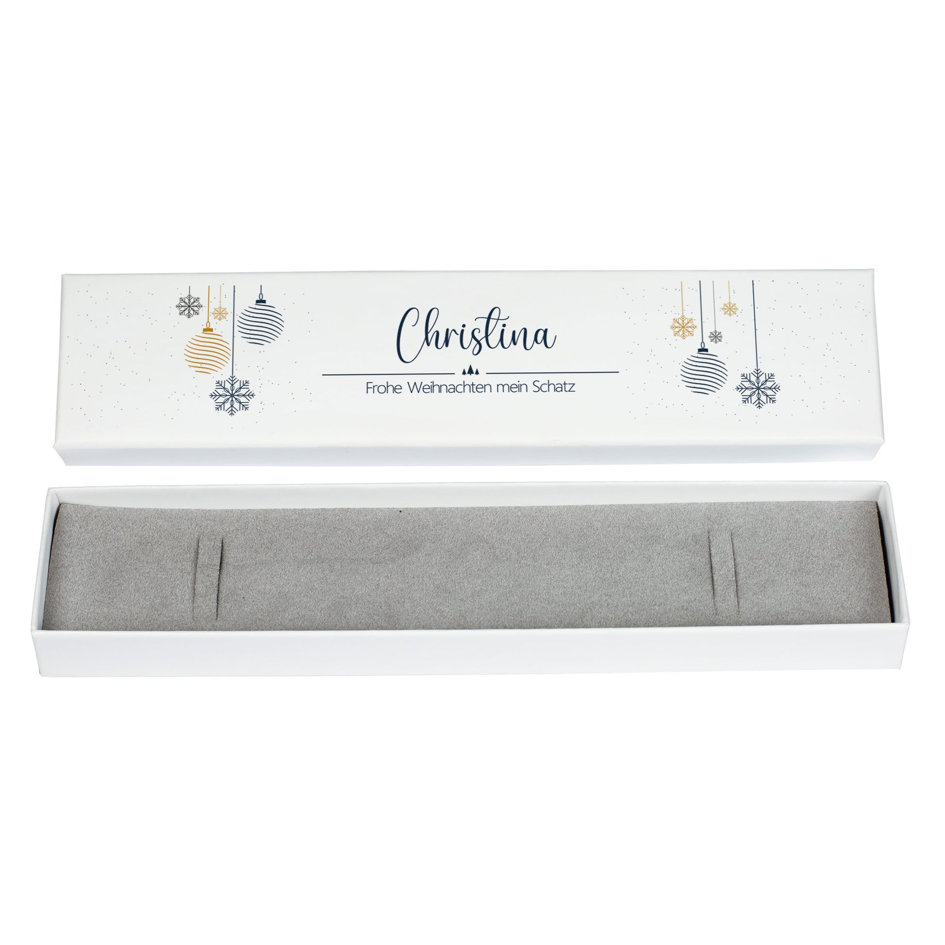 Weihnachtliche Armband-Geschenkbox mit Name und Wunschtext, dekoriert mit Schneeflocken und Kugeln