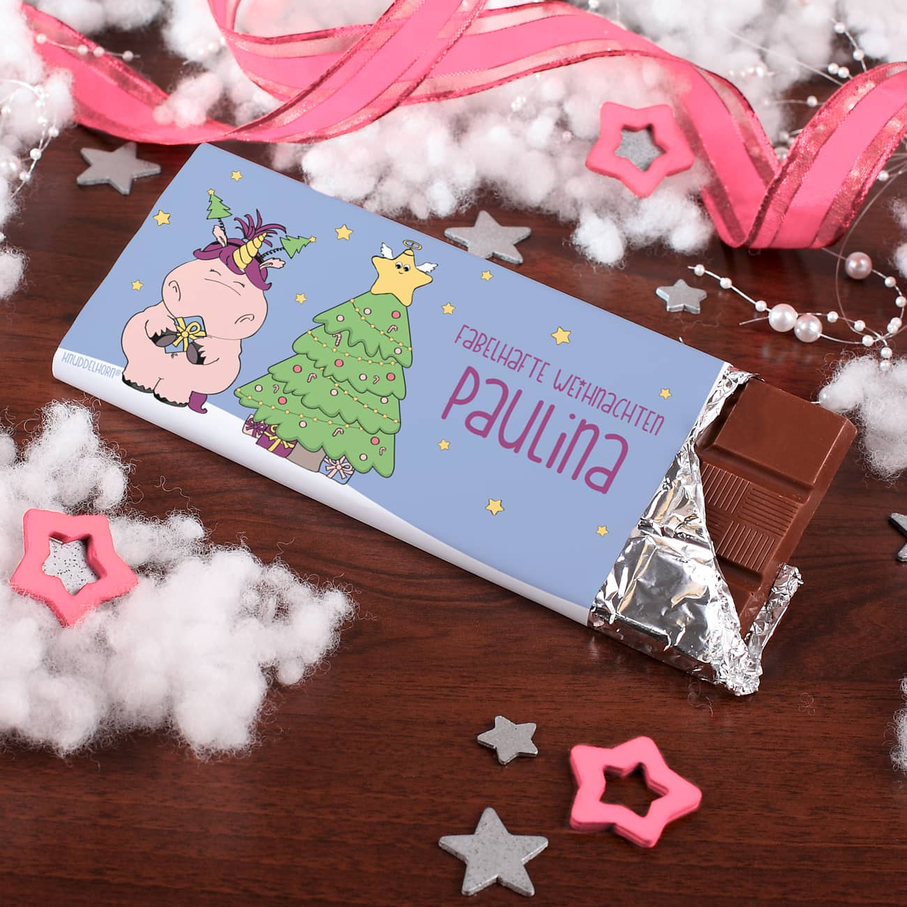 100g Einhornschokolade mit weihnachtlichem Knuddelhorn-Motiv