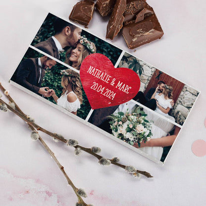 Hochzeits-Schokolade mit vier Fotos und Wunschtext im Herz