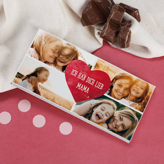 Schokolade zum Muttertag mit vier Fotos und Wunschtext im Herz